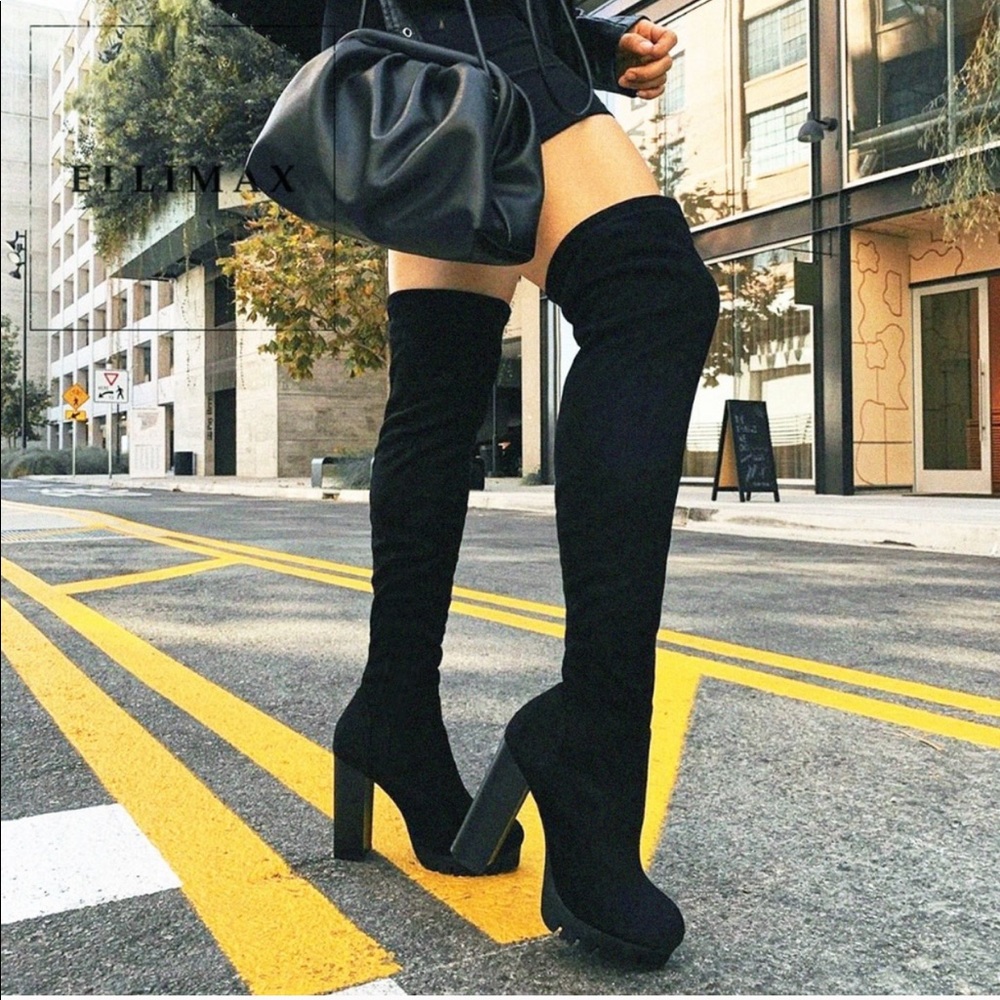 Over-the-Knee Black Platform Heel Boots - Picture 4 of 5
